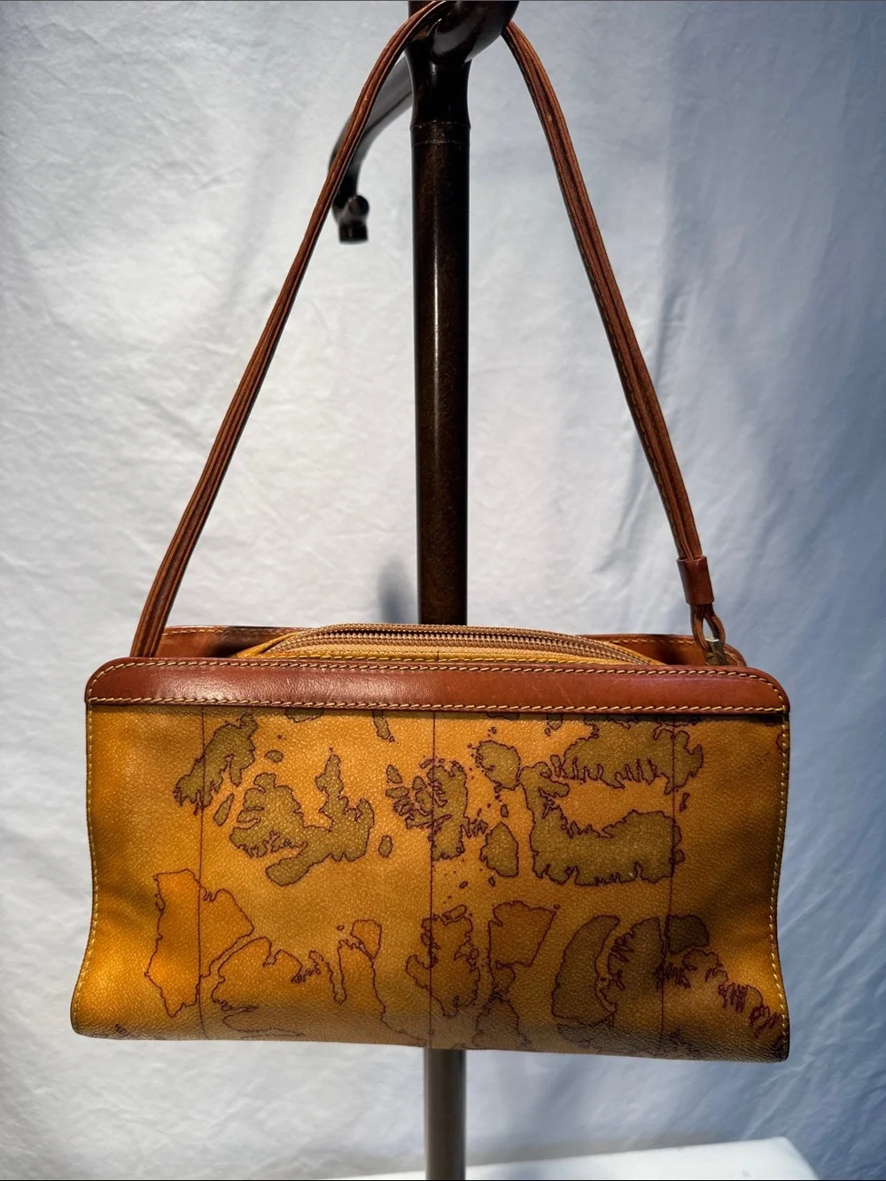 Alviero Martini Brown Map-Print Leather Messenger Bag